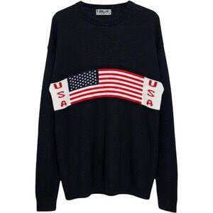 Vintage 90s American Flag USA Knit Sweater Black Crewneck Sporty USA Made XL